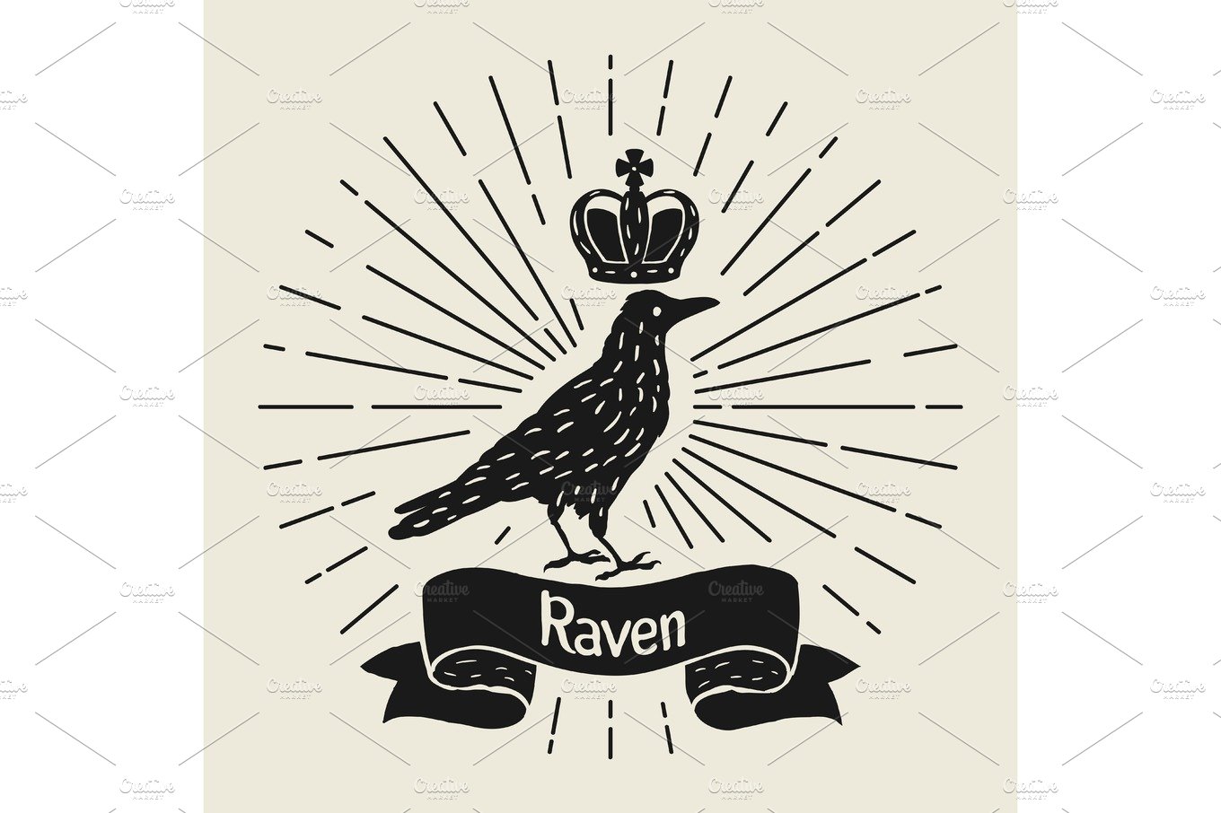 Background with black raven. Hand drawn inky bird and crown cover image.