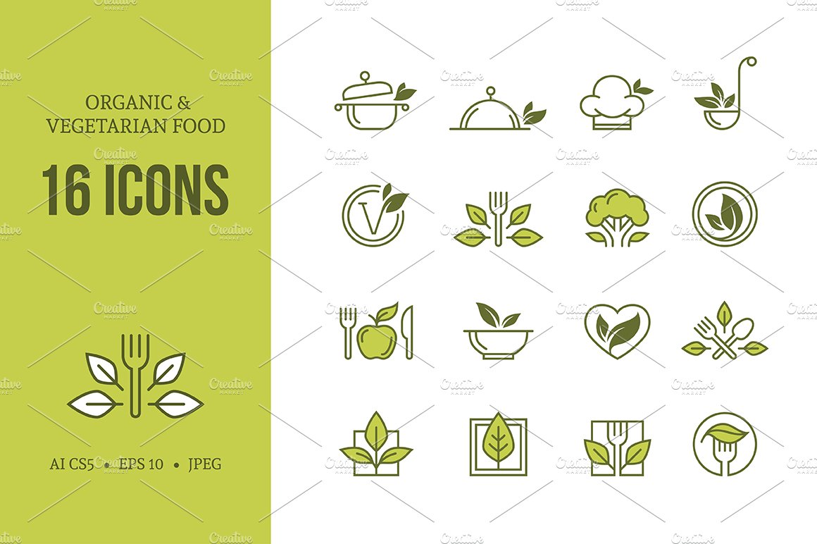 Organic & vegetarian food icons set cover image.