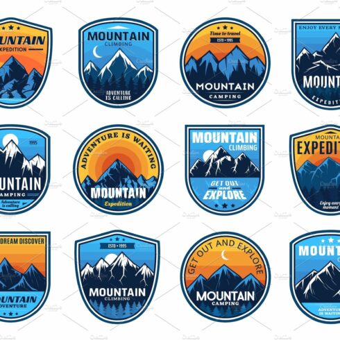 Mountain climbing, camping icons cover image.