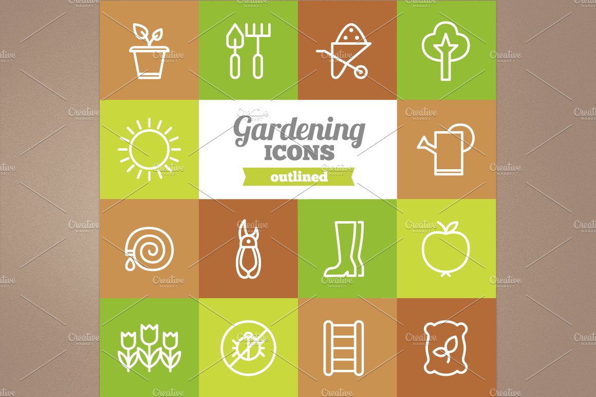 Outlined gardening icons cover image.