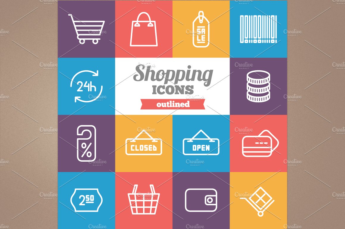 Outlined shopping icons cover image.