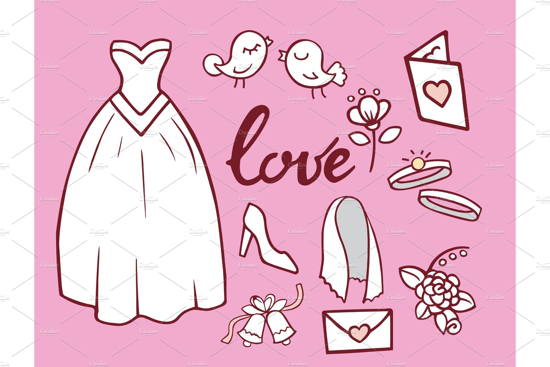 Wedding outline hand drawn icons vector illustration married celebration mu... cover image.