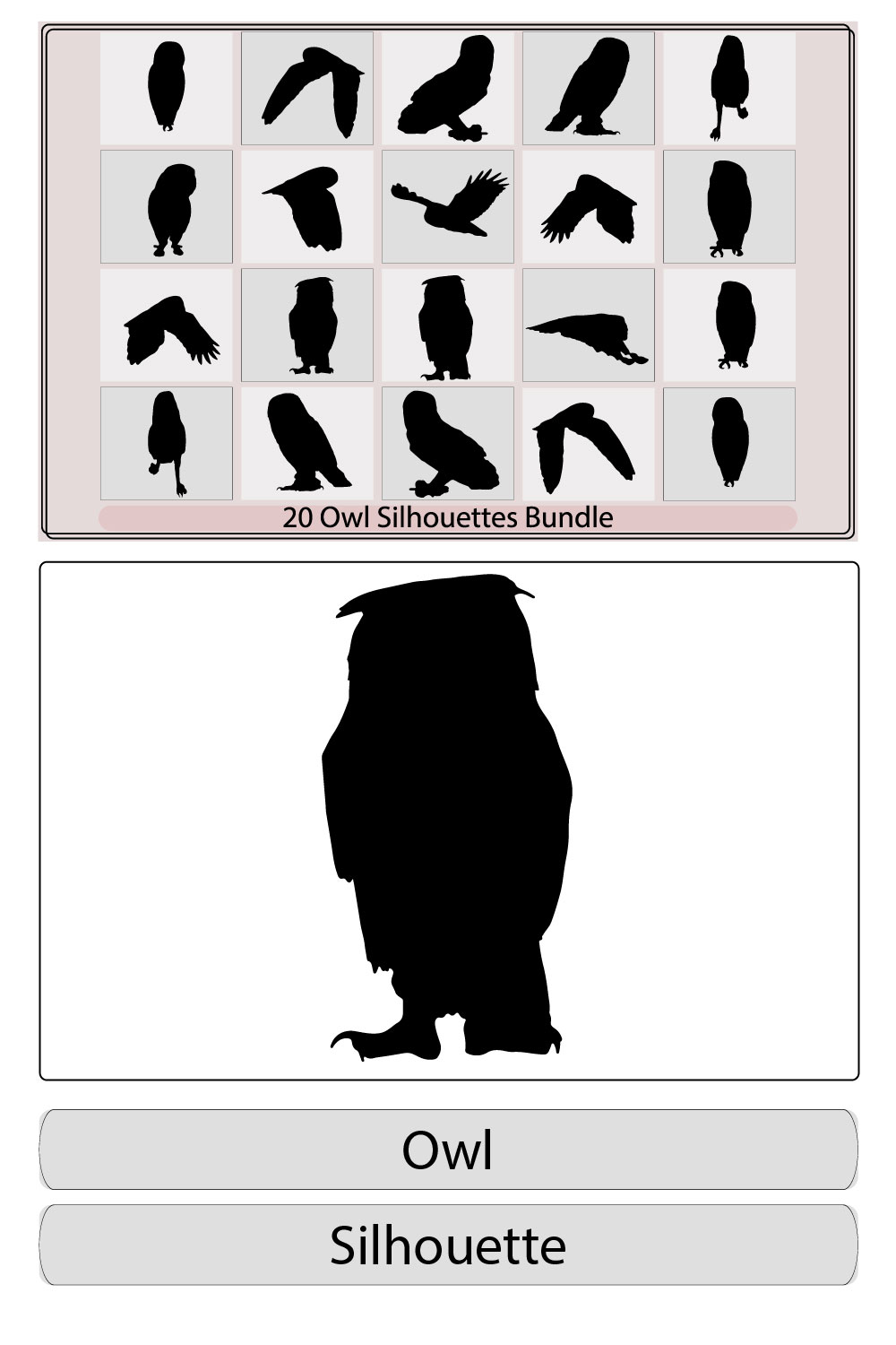 owl big wings black logo silhouette,owl silhouettes,Owl silhouette set,Vector of an owl design, pinterest preview image.