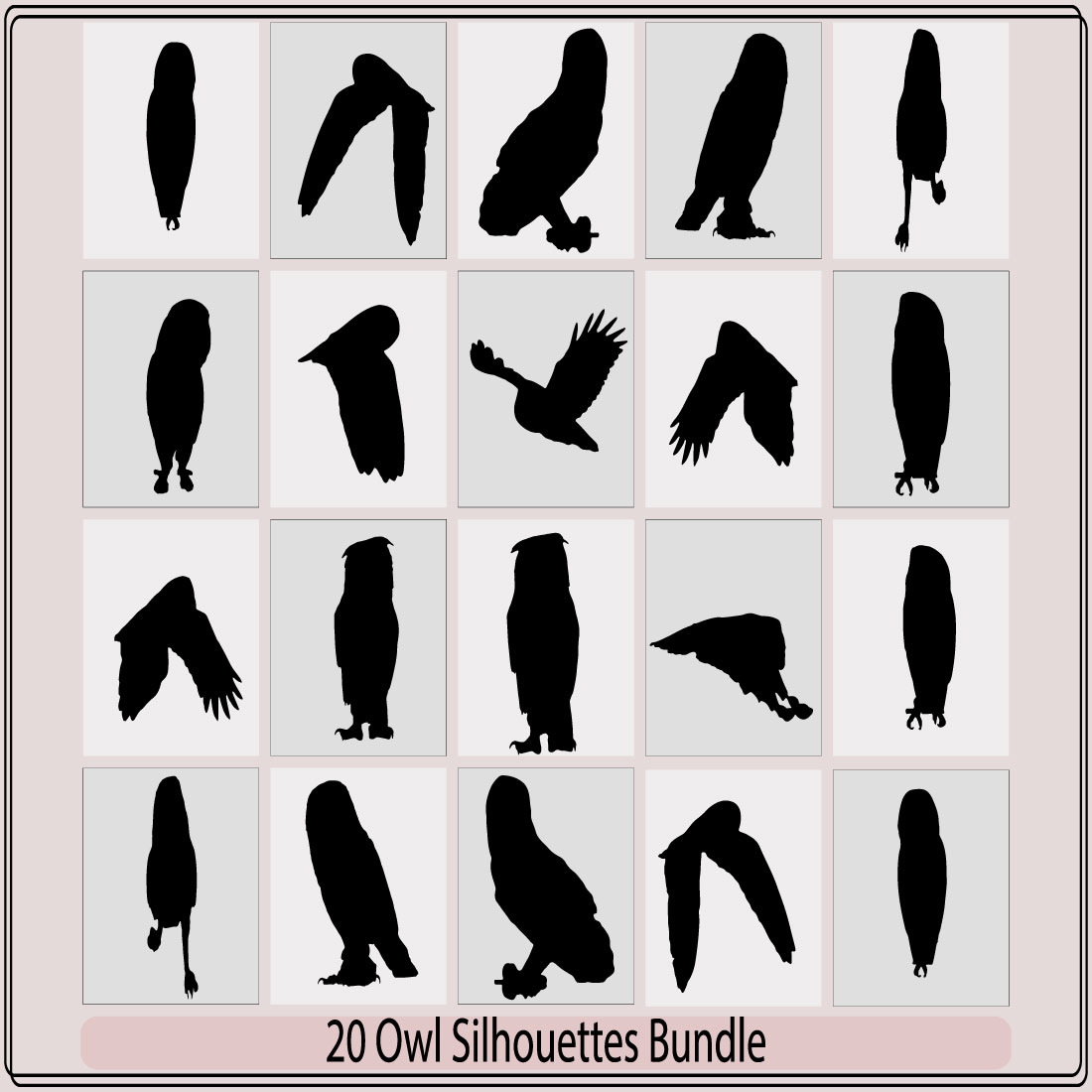 owl big wings black logo silhouette,owl silhouettes,Owl silhouette set,Vector of an owl design, preview image.