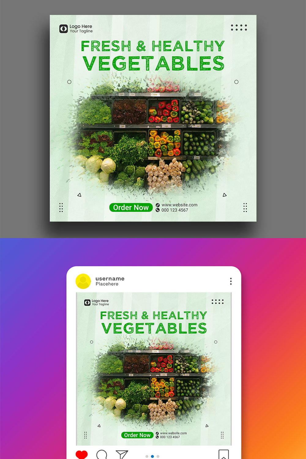 Supermarket Vegetables sale social media post and square flyer template pinterest preview image.