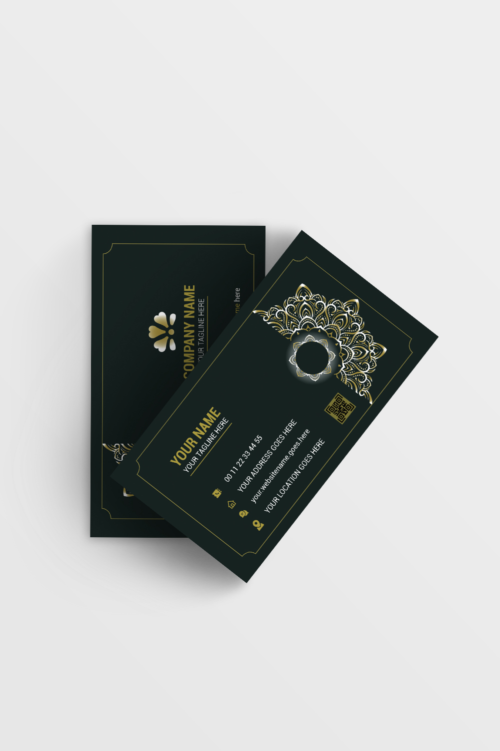 luxury mandala blue color corporate business card design template with gold border pinterest preview image.