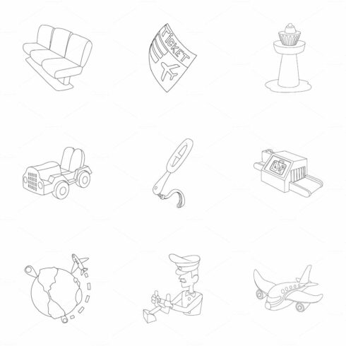 Arrive at airport icons set, outline cover image.