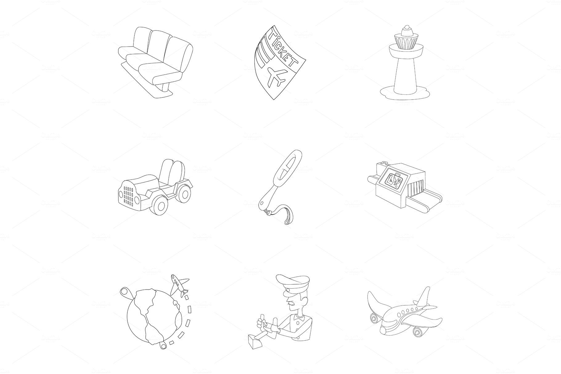 Arrive at airport icons set, outline cover image.