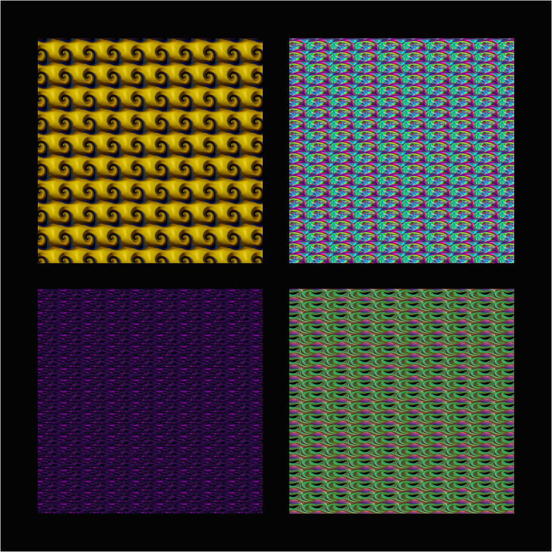 Four squares of different colors with a black background.