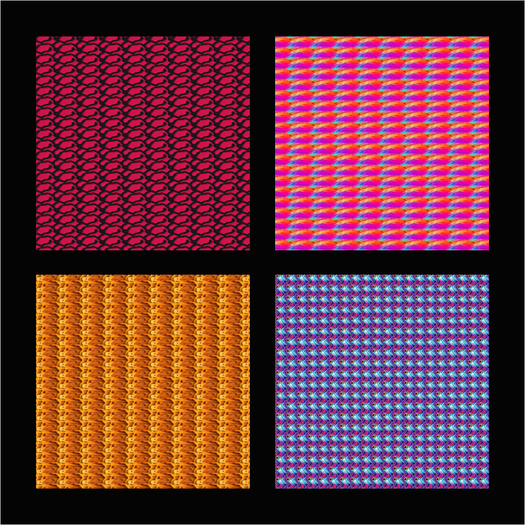 Four squares of different colors with a black background.