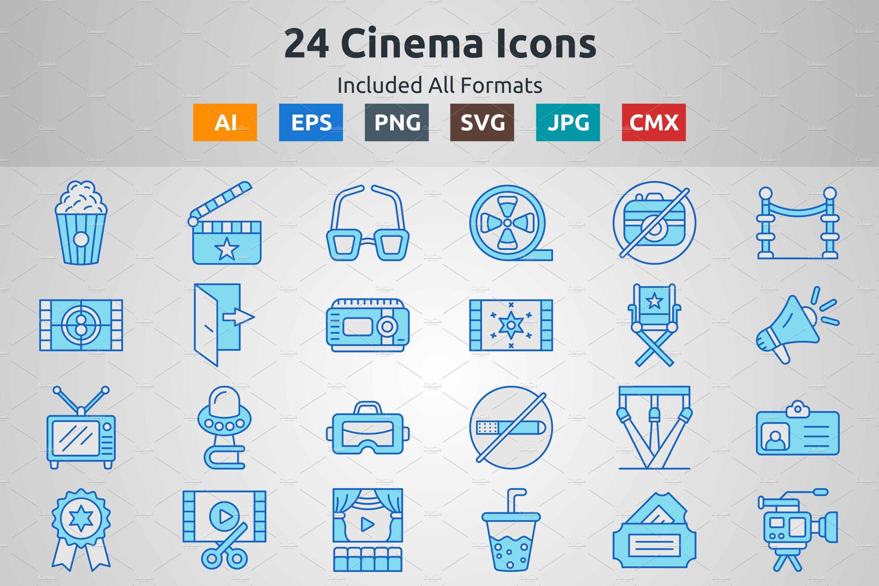 Blue Filled Outline Cinema Icons cover image.