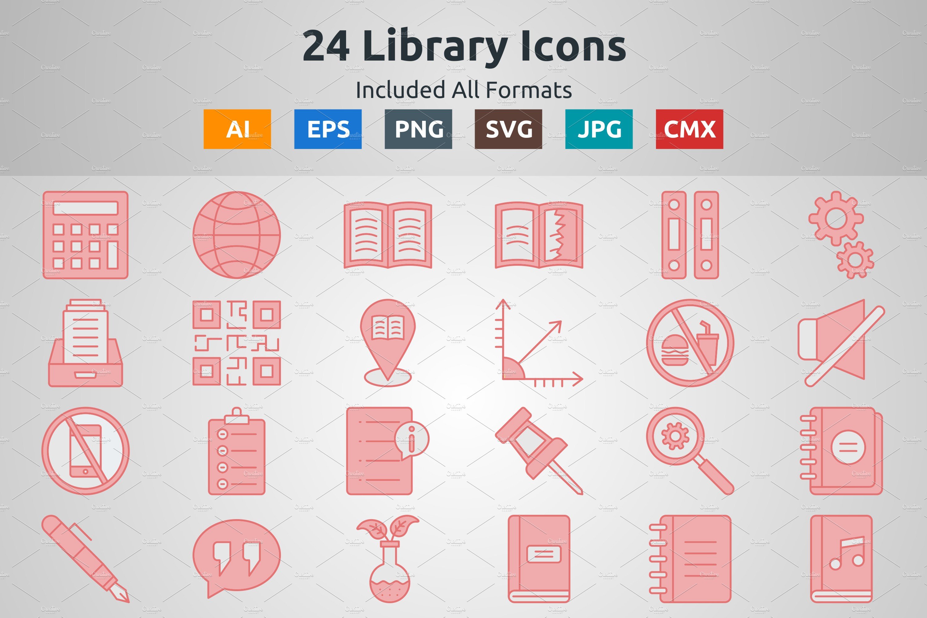 Red Filled Outline Library Icons cover image.