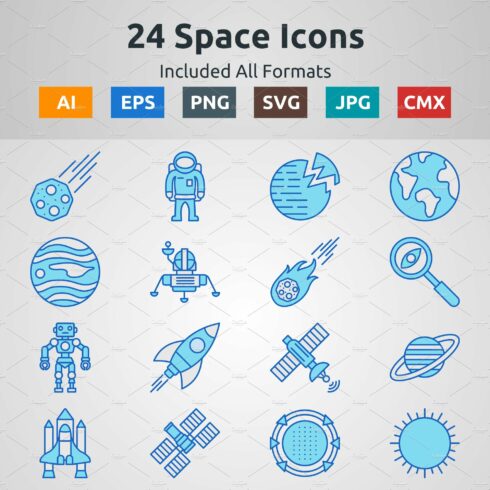 Blue Filled Outline Space Icons cover image.