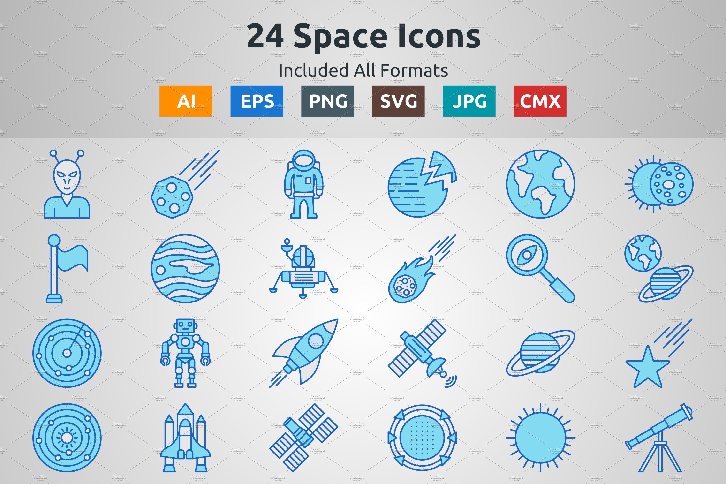 Blue Filled Outline Space Icons cover image.