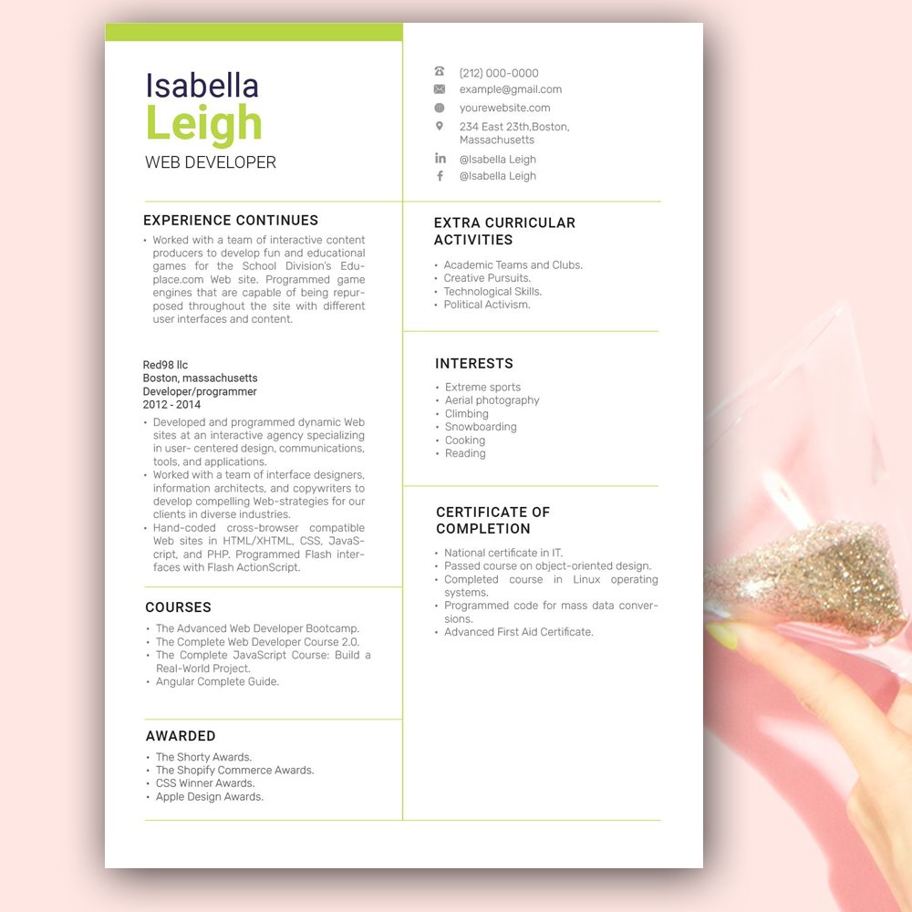 White and green resume with gold accents.