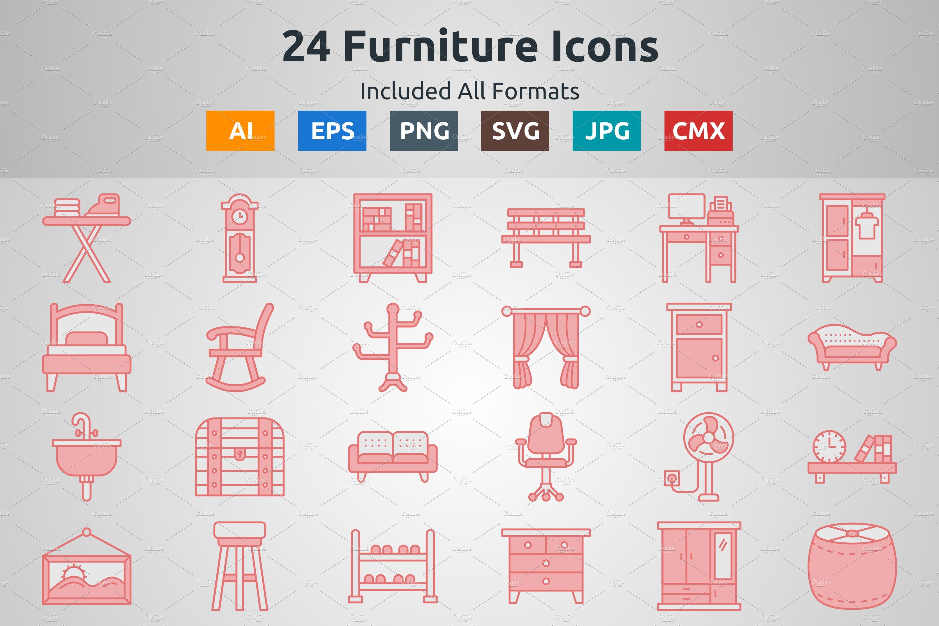Red Filled Outline Furniture Icons cover image.