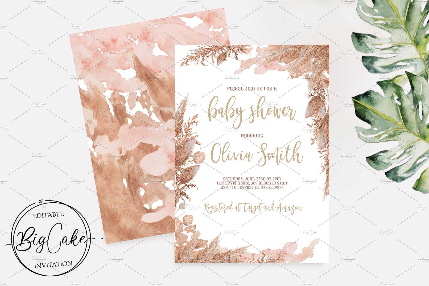Pampas Grass Baby Shower Invitation cover image.
