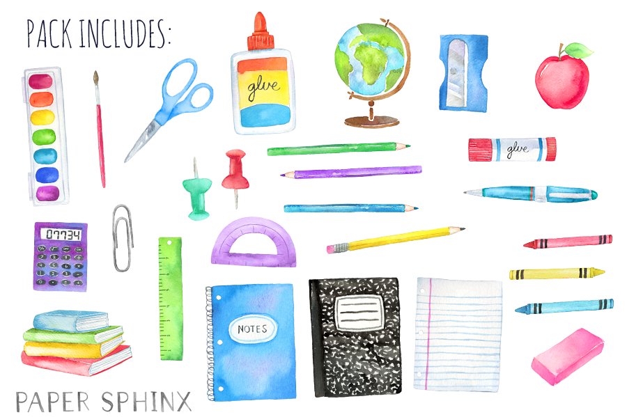 Watercolor School Supplies Art Pack preview image.