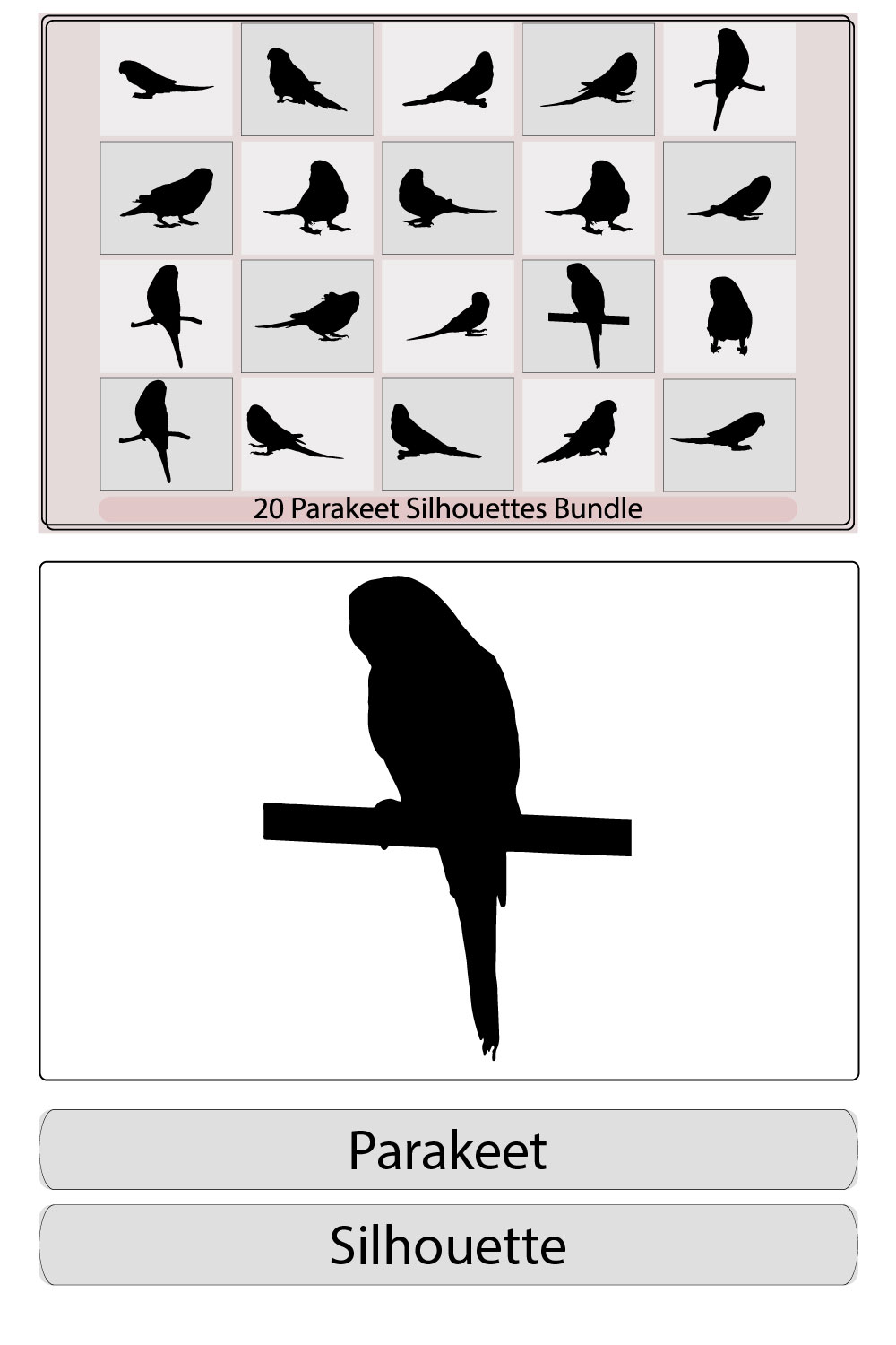 Vector of an parakeet Silhouette,Caturrita bird in profile view,Silhouette of a budgie,Vector parrot silhouettes of amazon jungle, pinterest preview image.
