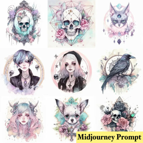 Watercolor Pastel Goth Designs Midjourney Prompt cover image.