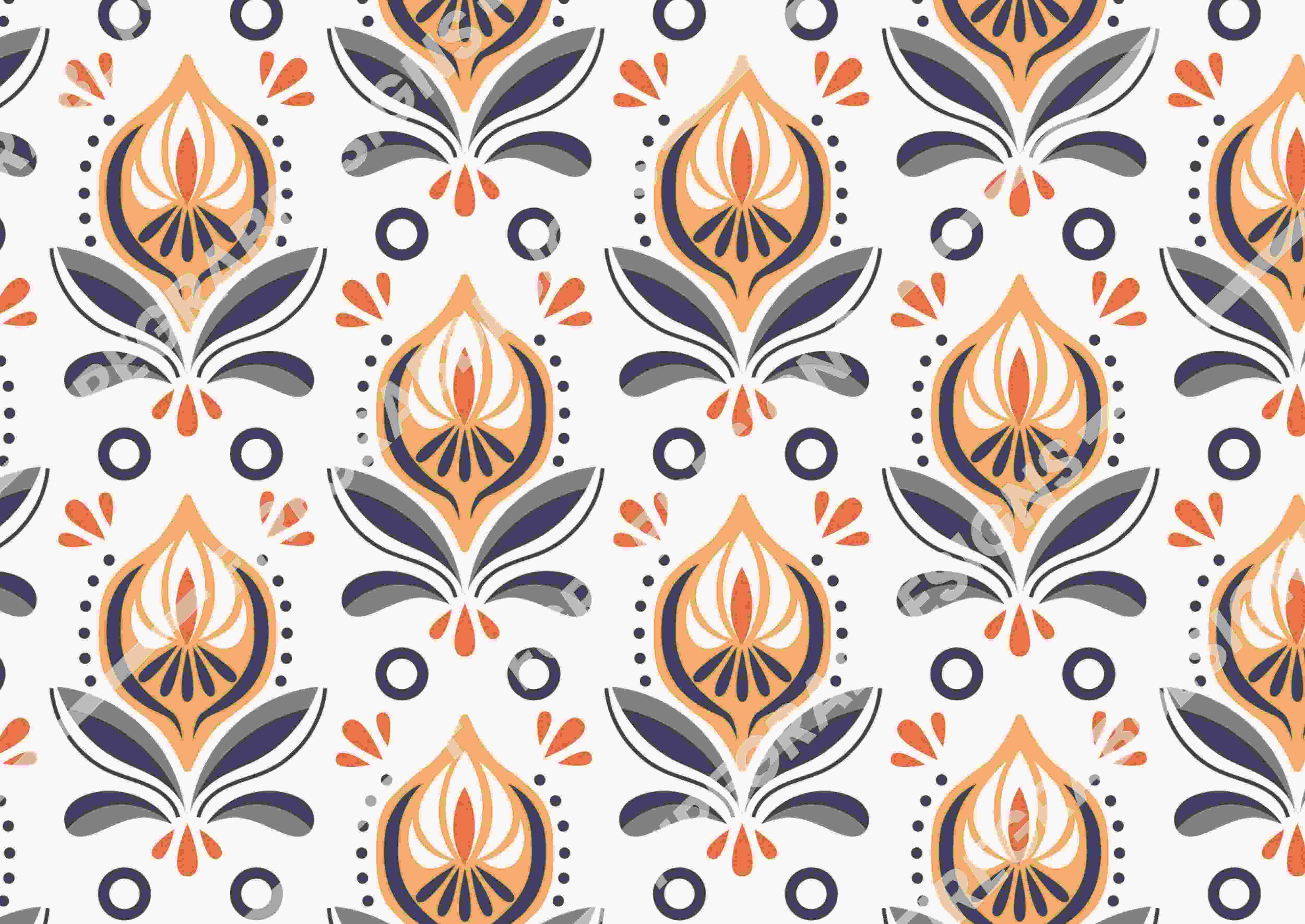 Orange and blue floral pattern on a white background.