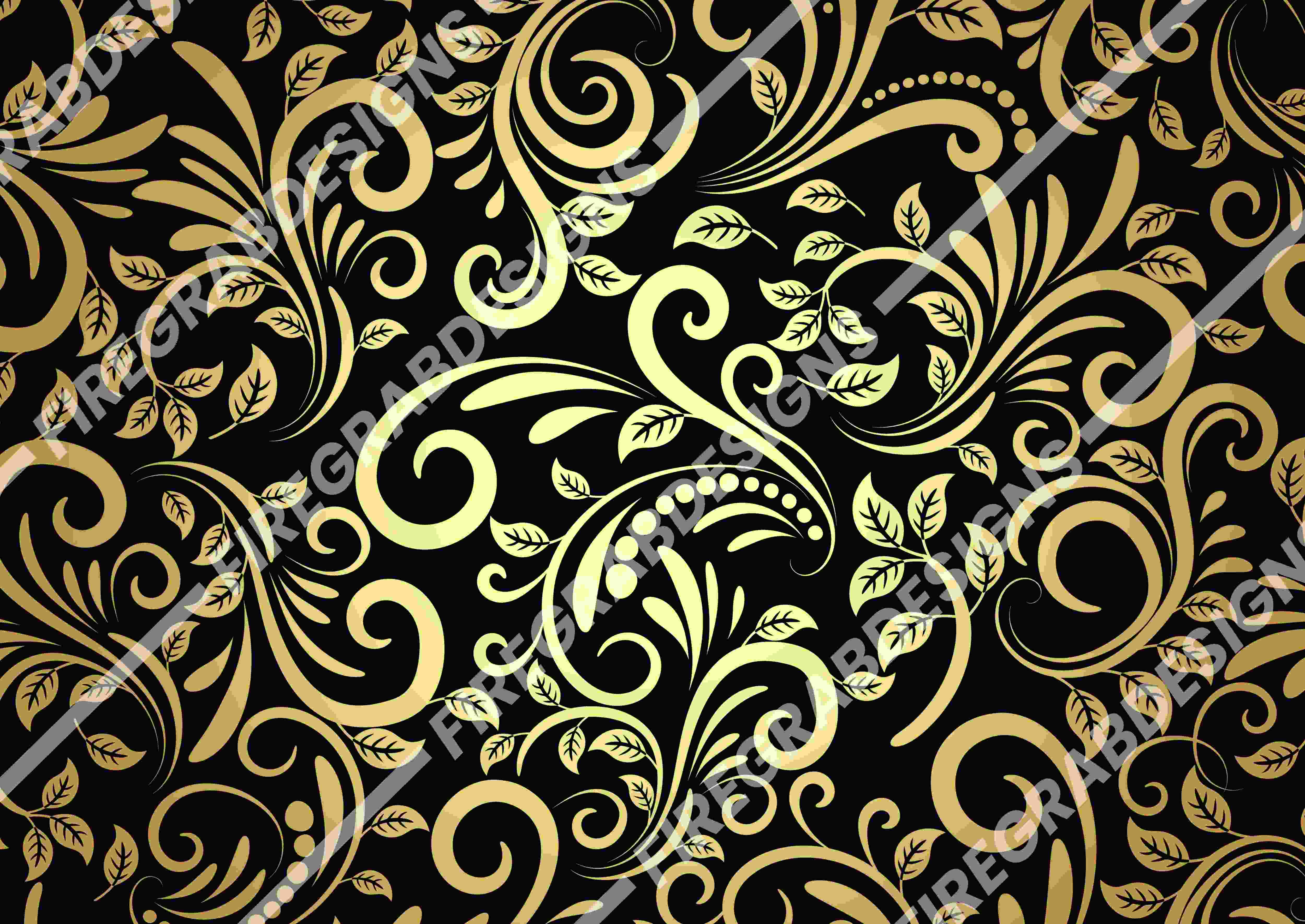 Black and gold background with swirls and leaves.