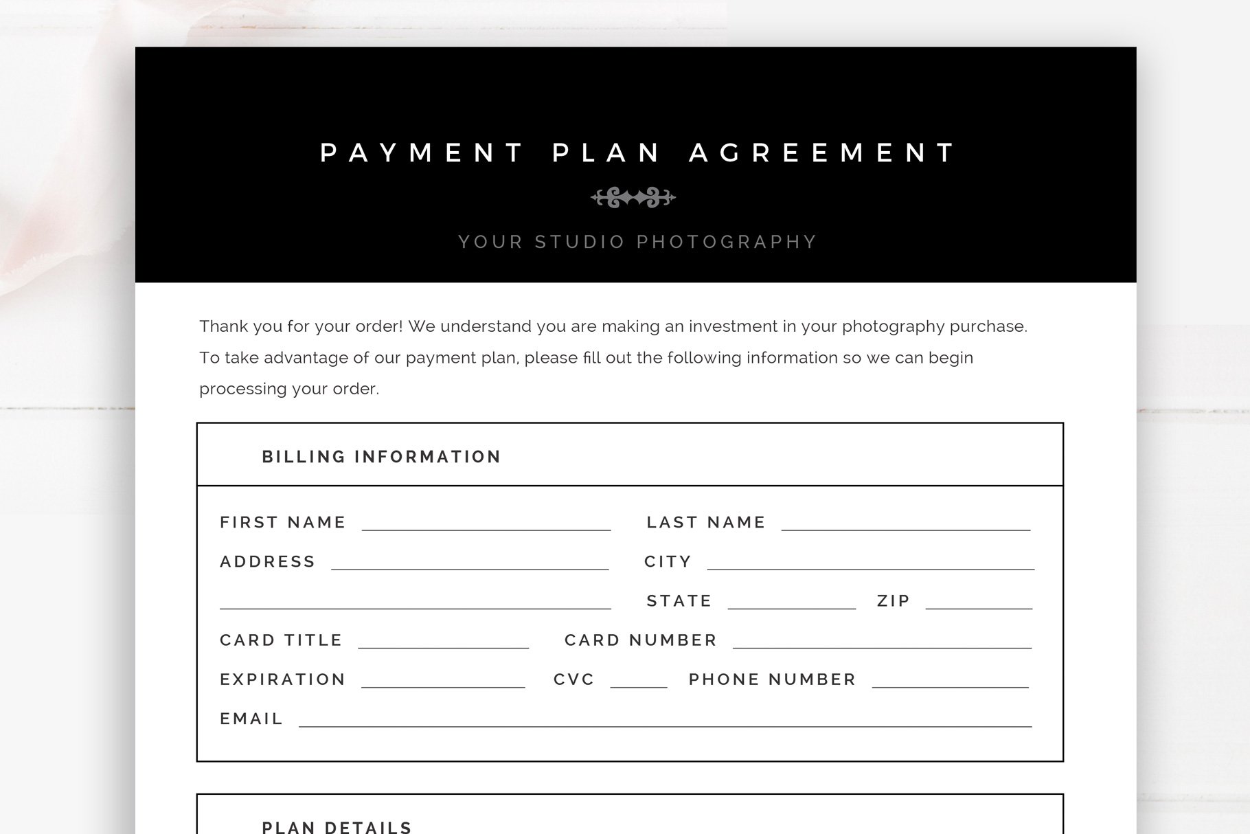 Photography Payment Plan Form cover image.