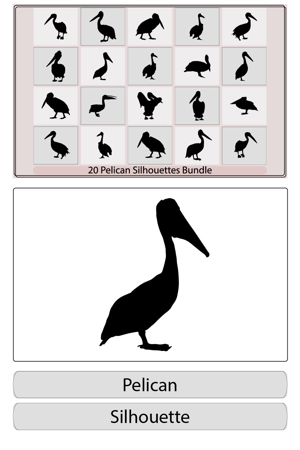 Set of Pelican silhouettes in blackSet of pelican flat icons,Vector pelican silhouette,Pelican silhouette set Vector illustration, pinterest preview image.