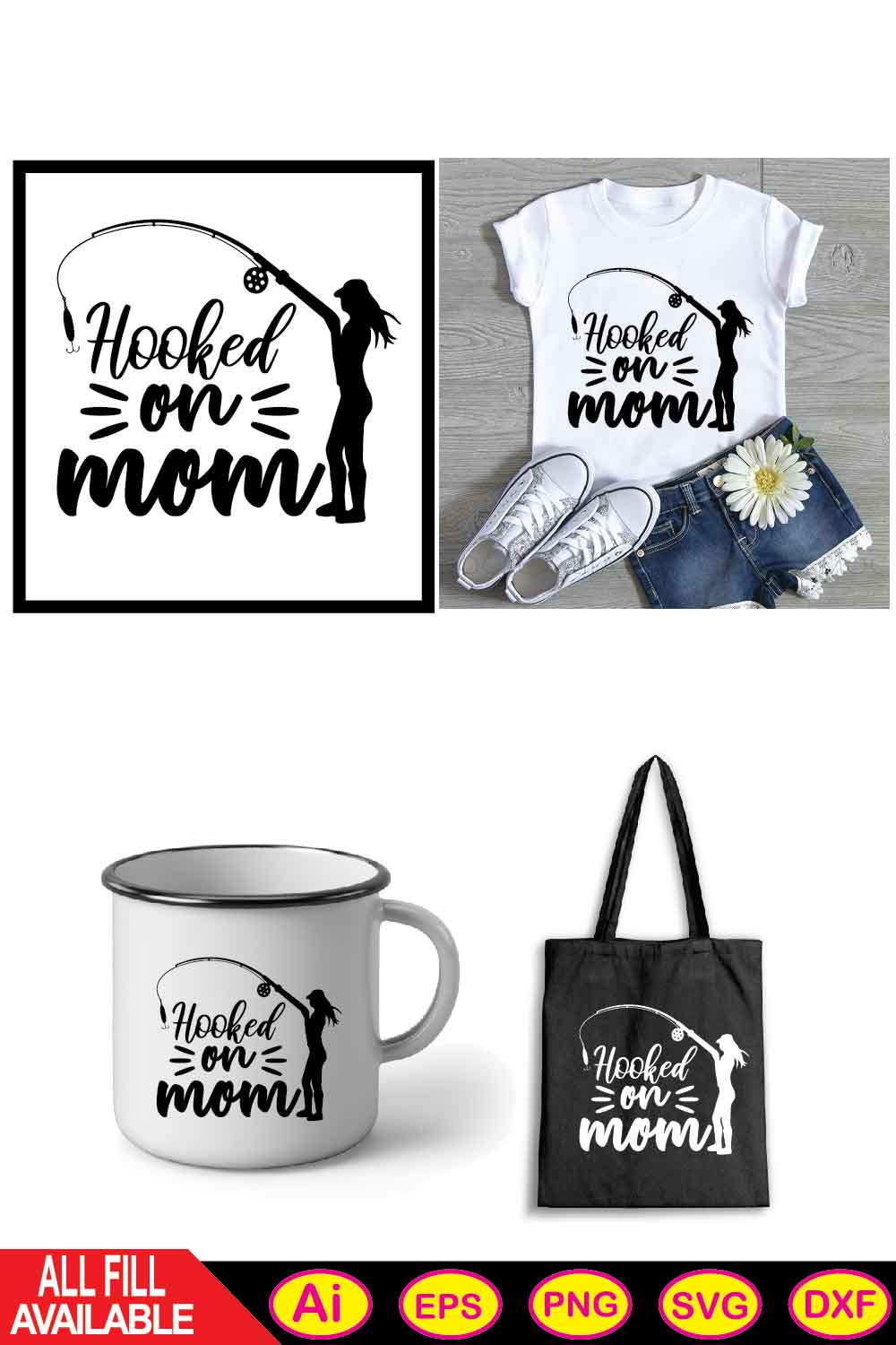 Hooked on mom svg t-shirt pinterest preview image.