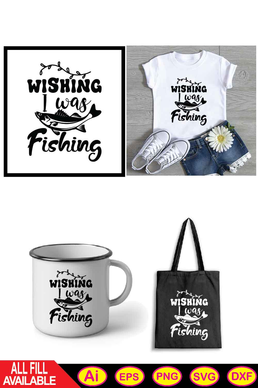 Wishing I was fishing t-shirt pinterest preview image.