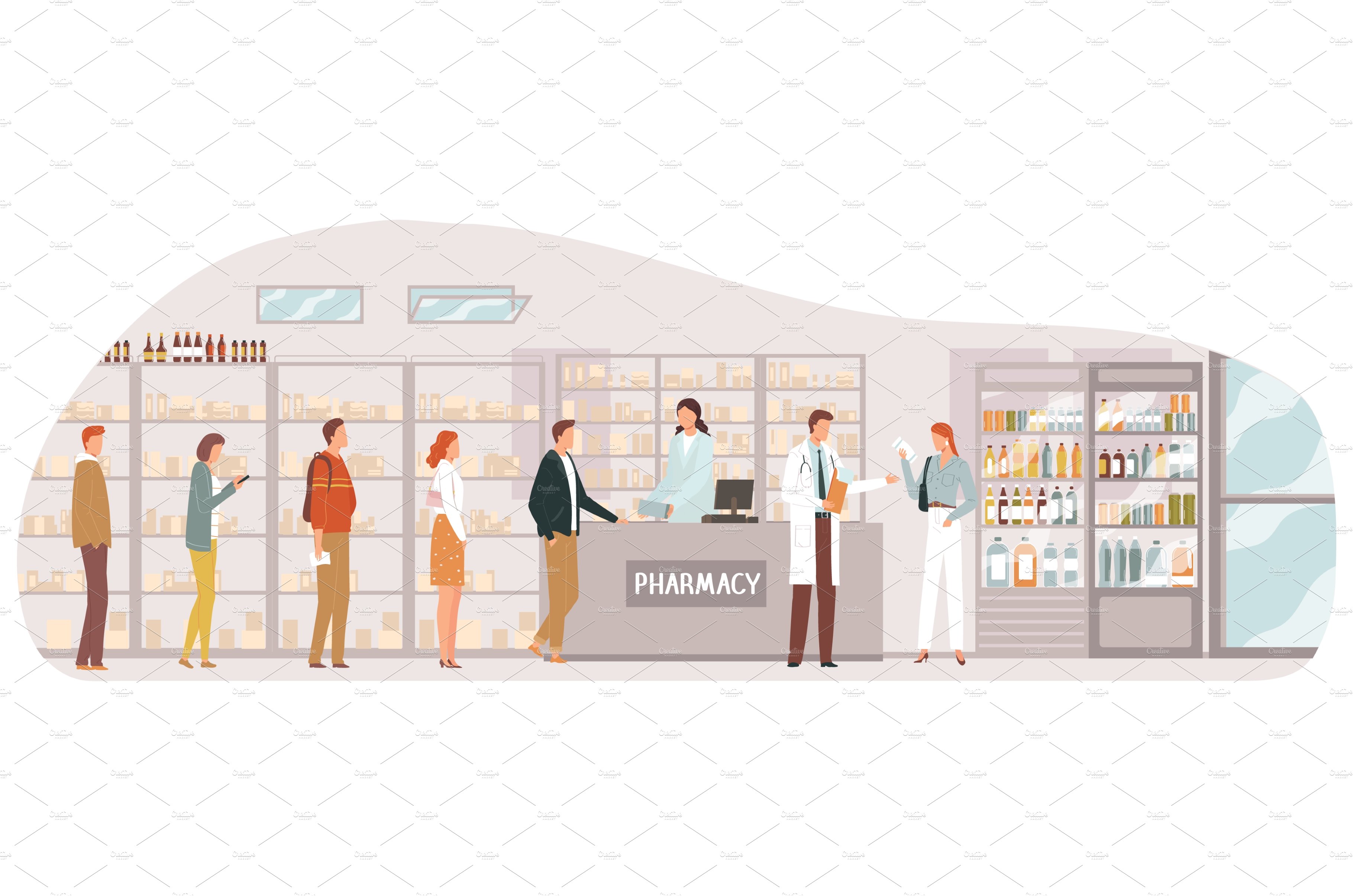 Pharmacy queue people, medical cover image.