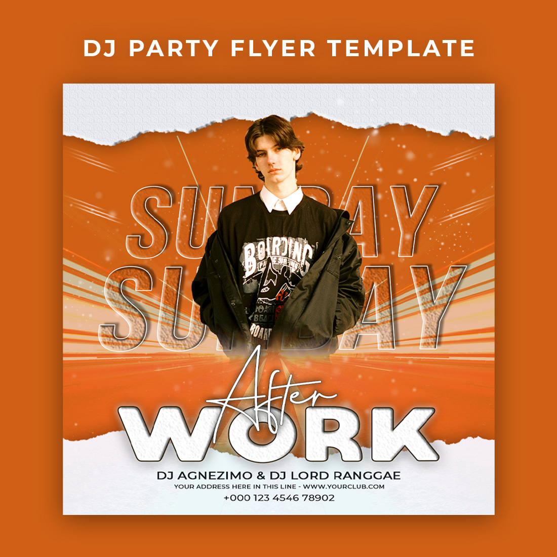 Flyer for a party with a man in a black jacket.