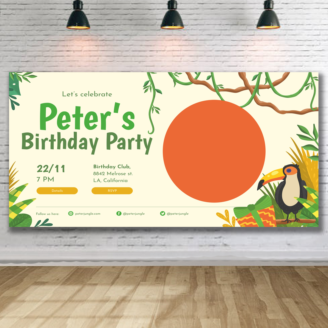 Birthday party poster hanging on a brick wall.