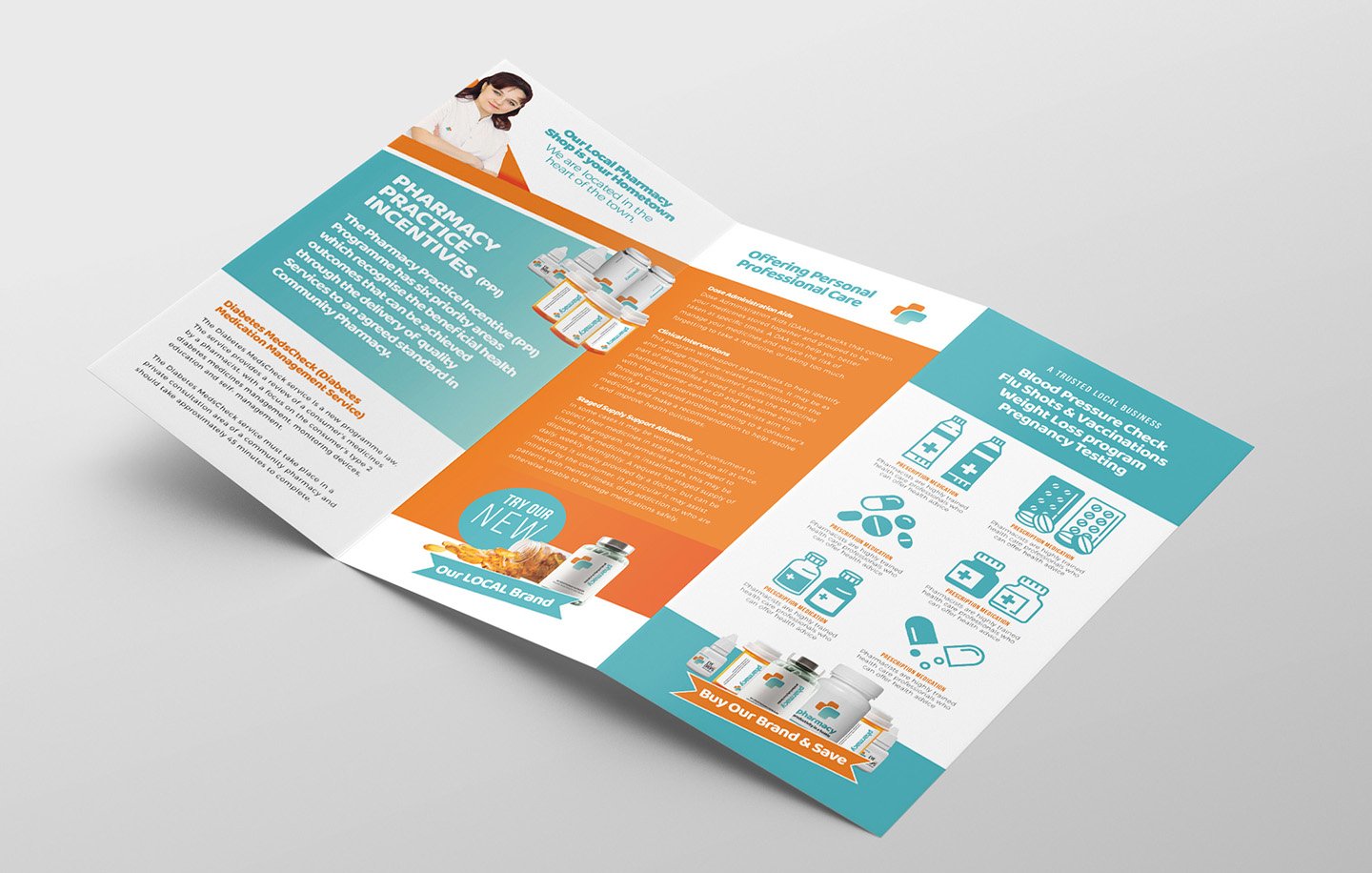 Pharmacy Tri-Fold Brochure Template preview image.
