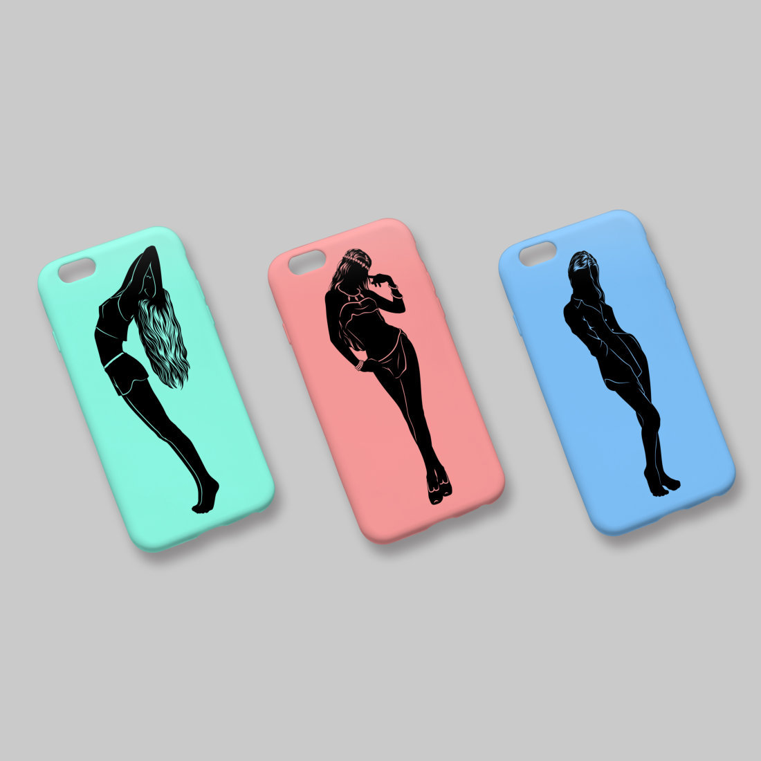 Three phone cases with a woman silhouette on them.