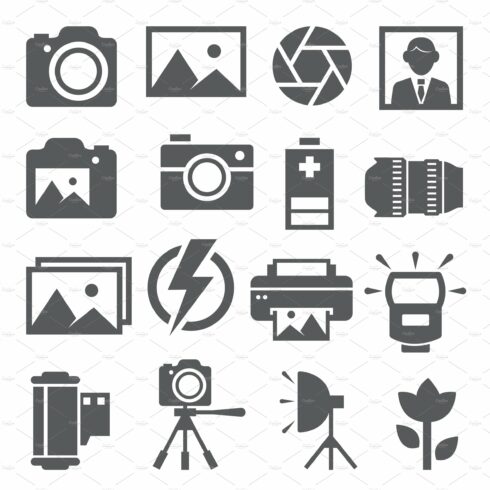 Photo icons set on white background cover image.