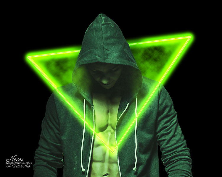 Man wearing a green hoodie with a neon triangle on it.