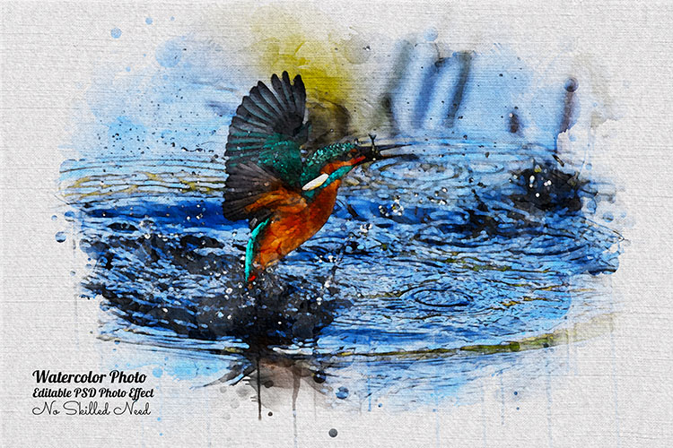 Painting of a bird flying over a body of water.