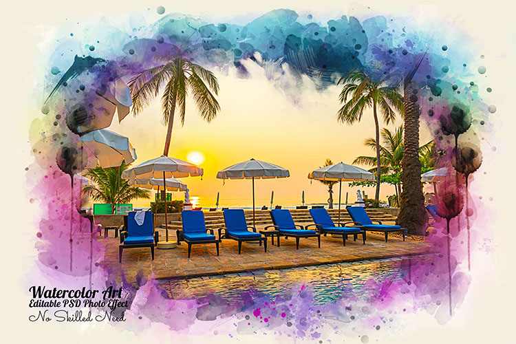Watercolor painting of lounge chairs and umbrellas.