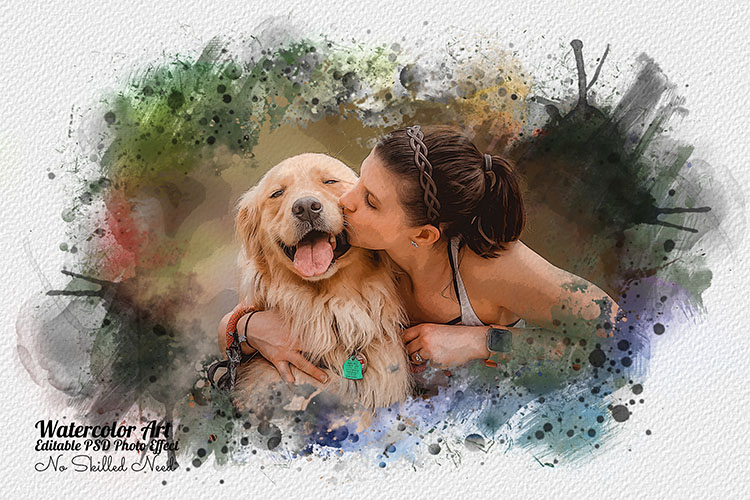 Watercolor painting of a woman kissing a dog by Juliette Wytsman.