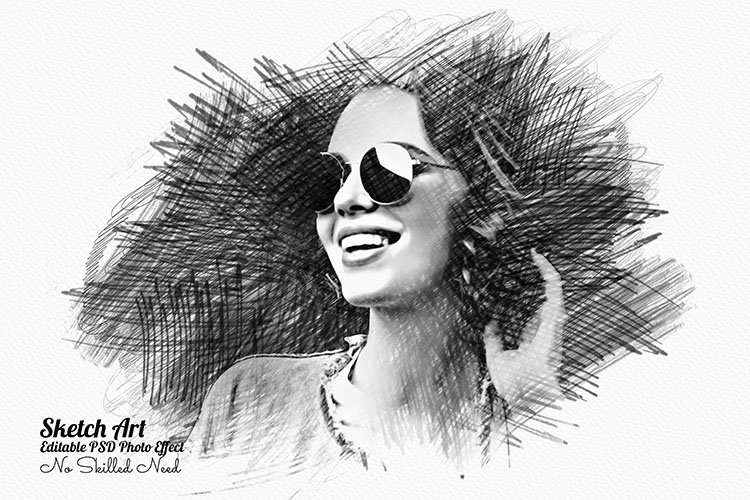 Black and white drawing of a woman with sunglasses.