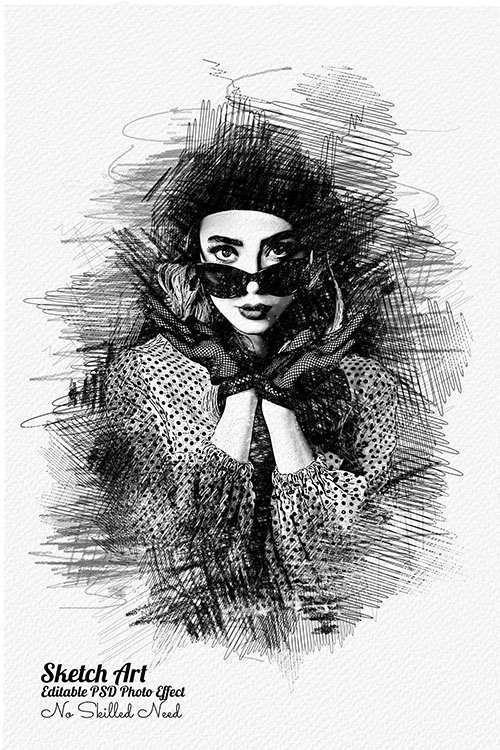 Black and white drawing of a woman wearing a mask.