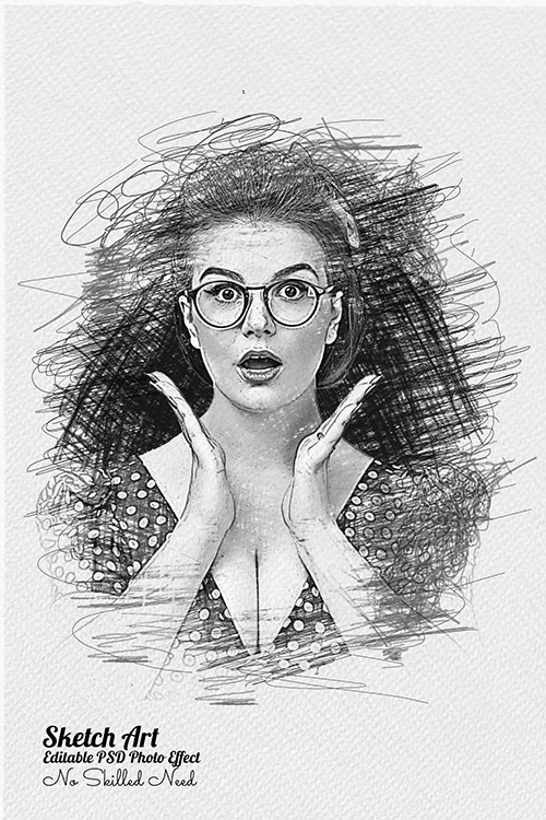 Black and white drawing of a woman with glasses.