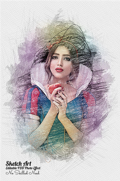 Drawing of a woman holding a red apple.