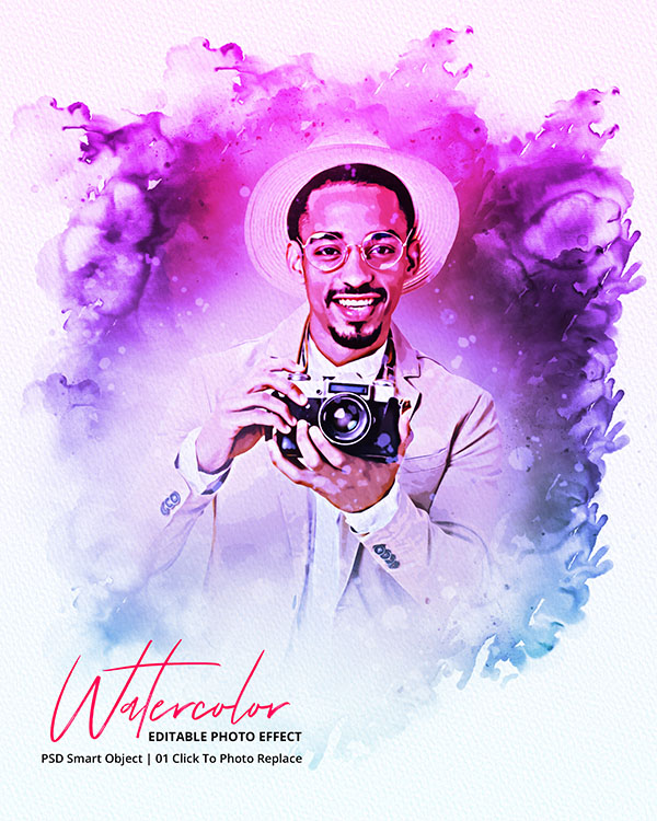 Man holding a camera in front of a watercolor background.