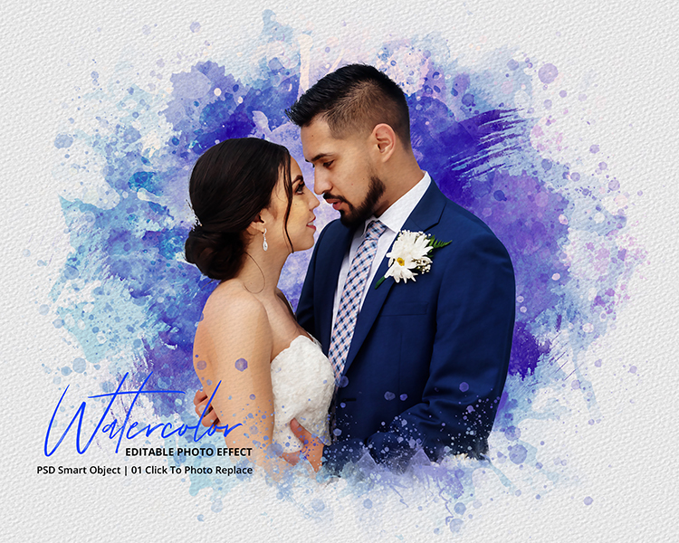 Bride and groom kissing in front of a watercolor background.