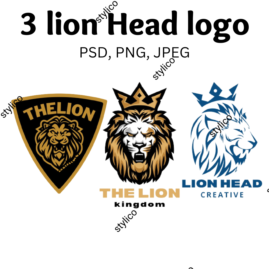 The lion head logo is shown in three different colors.