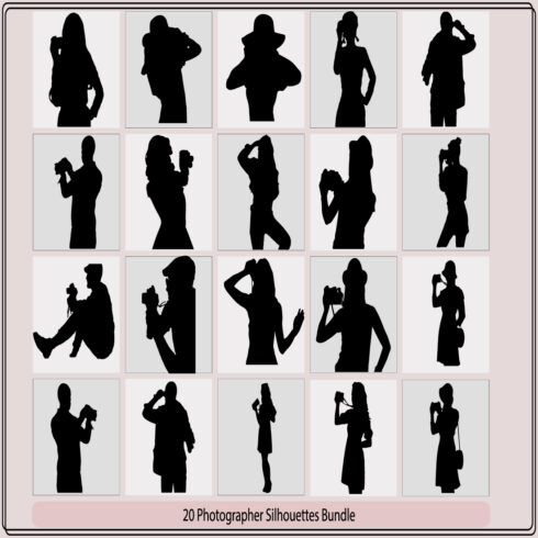 Photographers silhouettes ,photographers silhouettes collection,Set silhouettes man photographing,Realistic illustration of silhouettes of a standing and kneeling man photographer cover image.