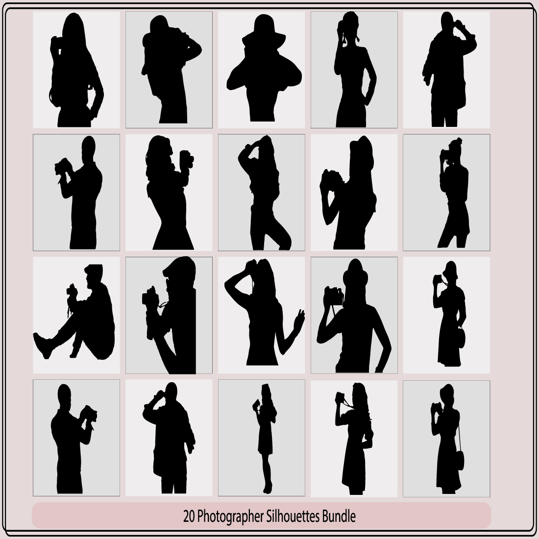Photographers silhouettes ,photographers silhouettes collection,Set silhouettes man photographing,Realistic illustration of silhouettes of a standing and kneeling man photographer preview image.