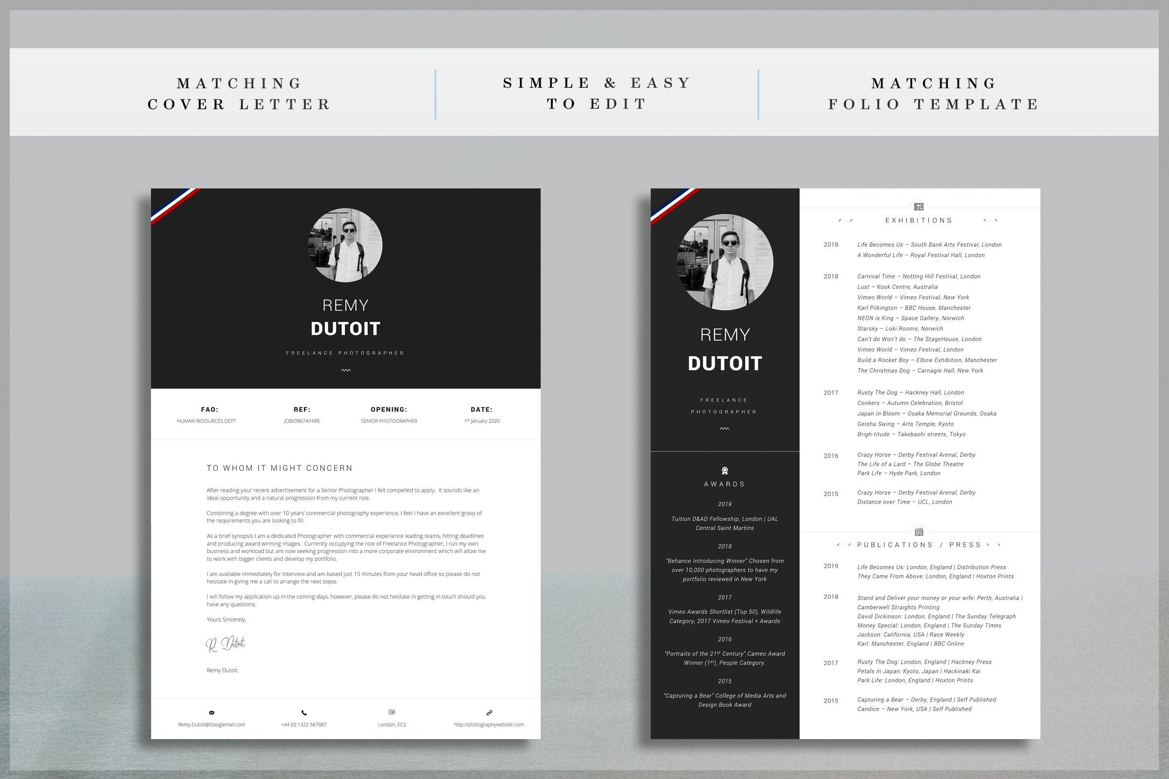 Black and white resume with a red stripe.